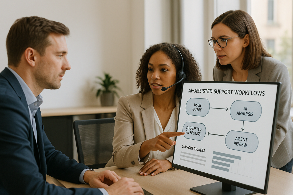Customer support team reviewing AI workflows