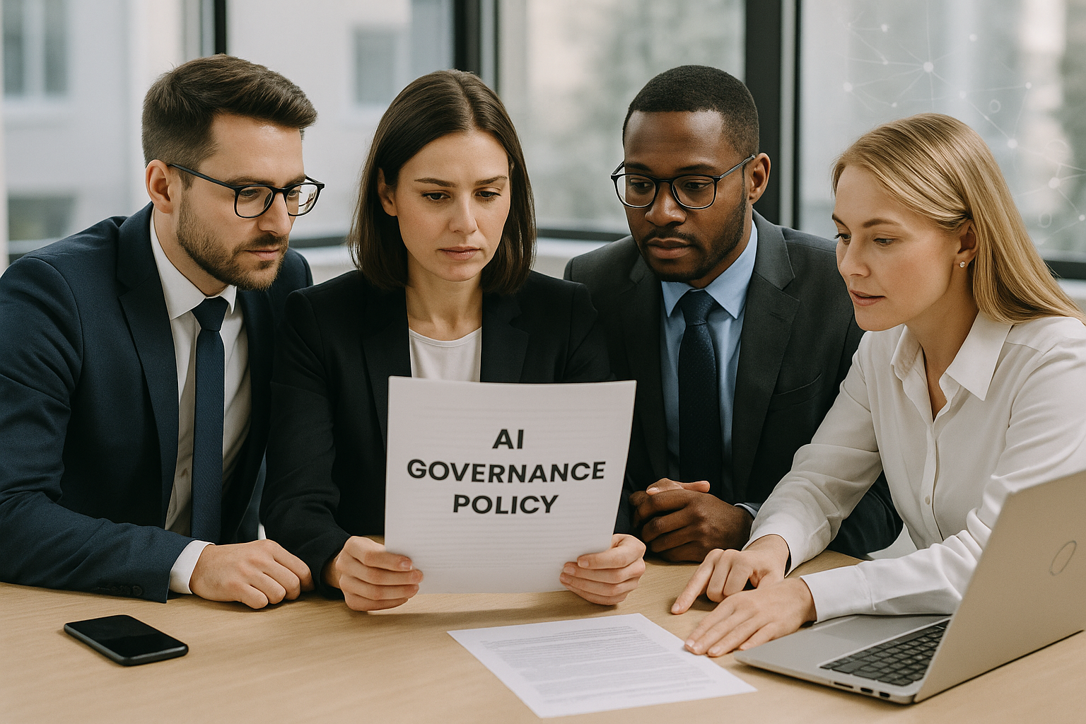 Business team reviewing an AI governance policy