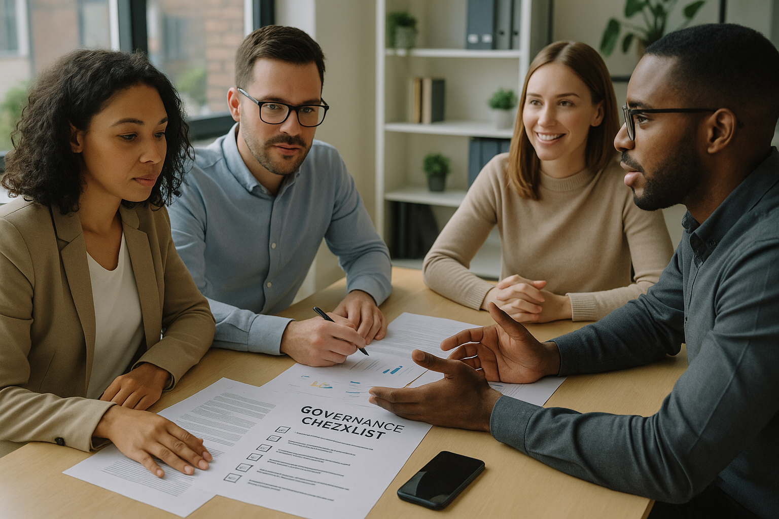 Cross-functional AI governance review meeting