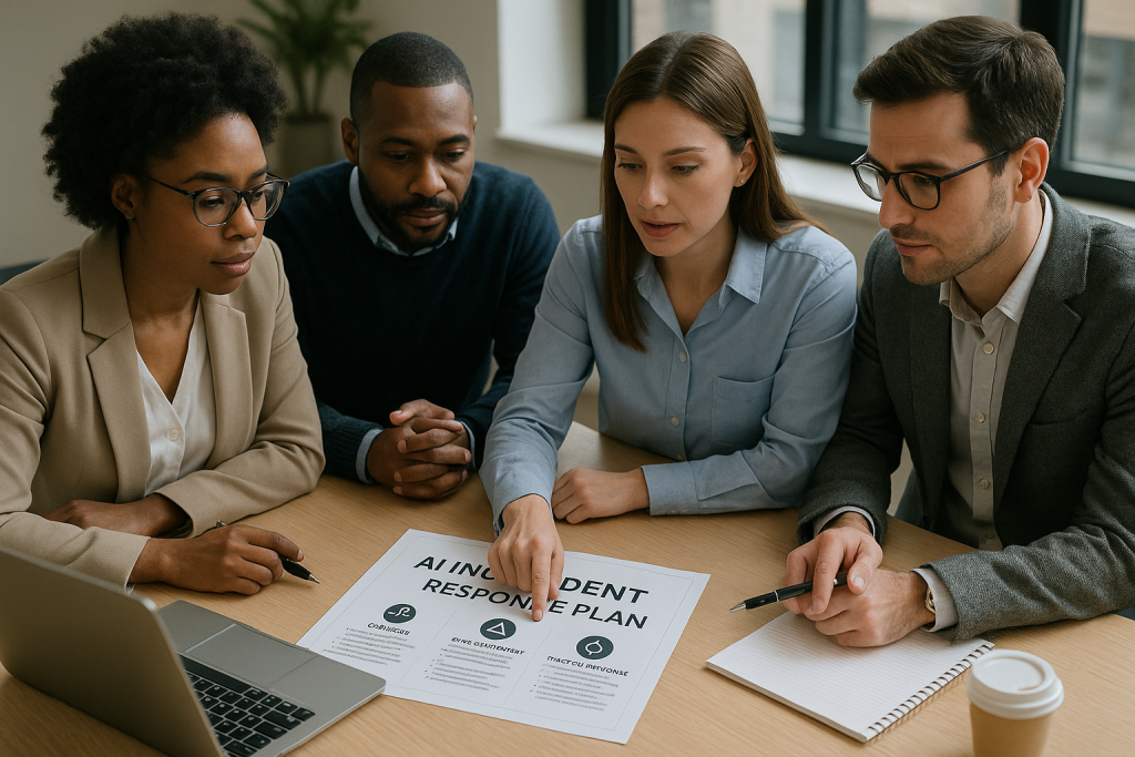 Team reviewing an AI incident response plan